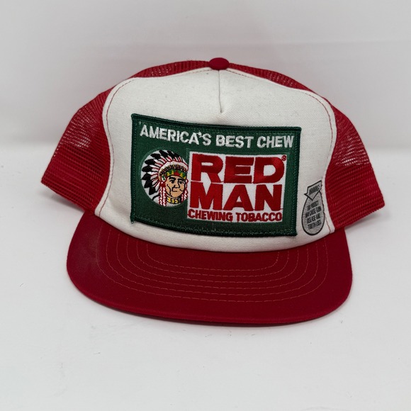 Vintage Red Man Chewing Tobacco Red Snapback Patch Trucker Hat /Cap -Made In USA